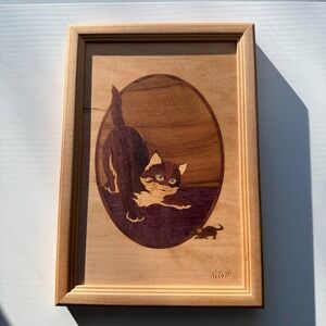 Jeff Nelson Hudson River Inlay Marquetry Wood Cat Mouse Vintage Artwork
